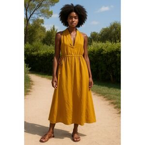 NEW Lintico Womens Medium Beth Sleeveless Maxi Linen Dress Drawstring Waist Gold